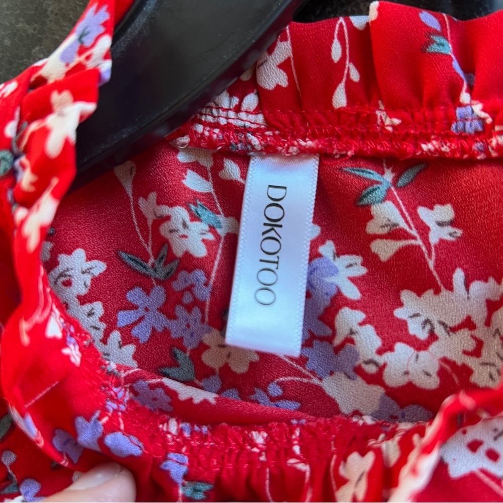Floral Red Blouse with Ruffle Sleeves and Ruching - Size XL - Picture 7 of 9